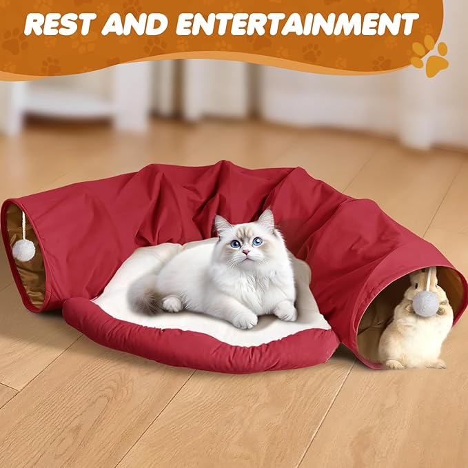Spardar Bunny Tunnel Bed, 2-in-1 Collapsible Tunnel Tubes Toys, Washable, with Removable Mat Hideout, Interactive Toys for Rabbits Chinchilla Hedgehog Guinea Pigs Kitty, Red