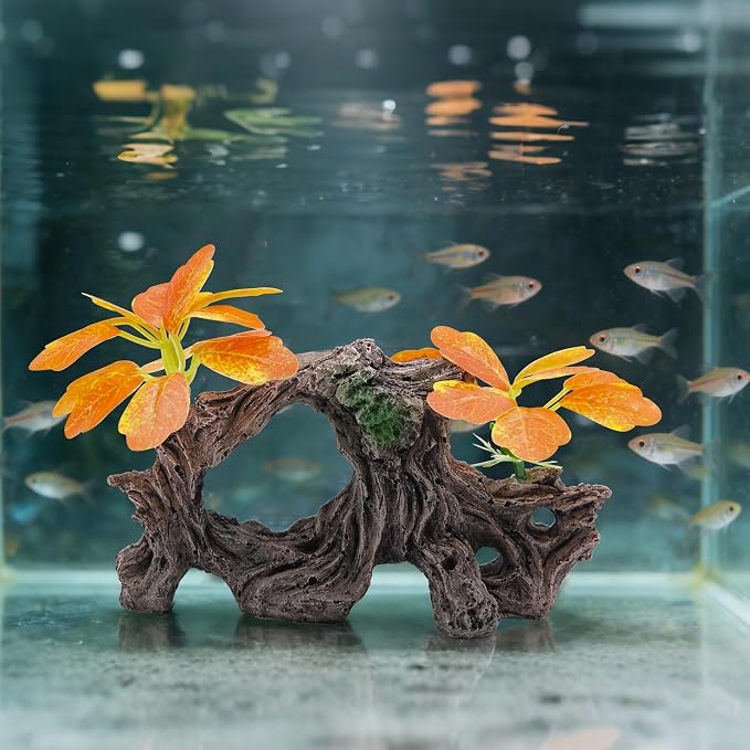 Fish Tank Decoration Aquarium Ornament with Silk Leaf Plants and Artificial Driftwood Cave Hideout Safe for Betta Fish