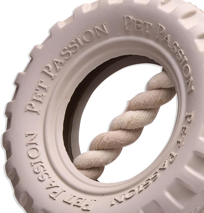 Pet Passion Natural Rubber Tire and Organic Cotton Rope Pull and Chew Dog Toy for All Pet Breeds, Almond Milk, Small