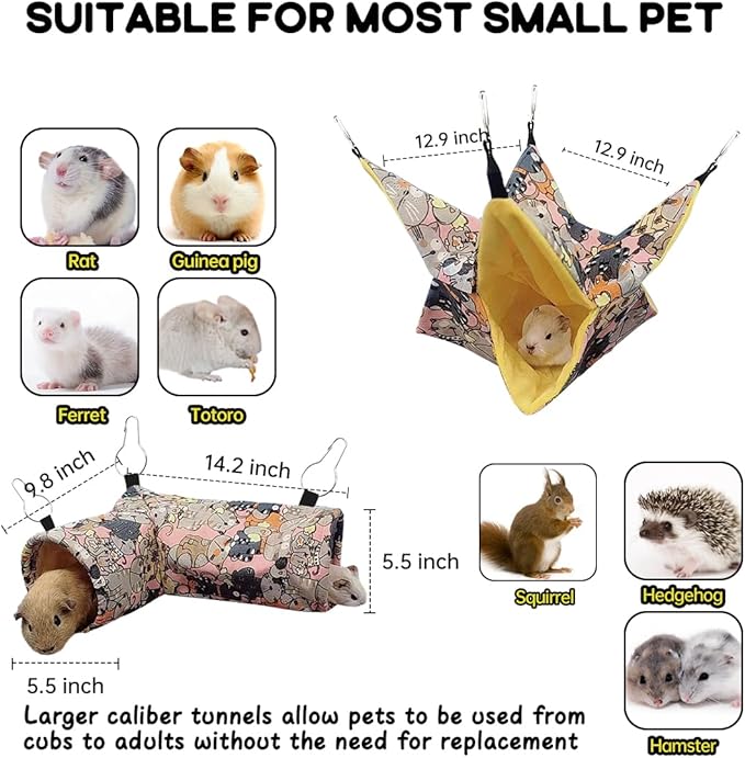 Guinea Pig Rat Tunnel Ferret Hammock, Small Animal Corner Tunnel & Tubes & Bed for Hedgehog Piggy Chinchilla Hideout Toys and Cage Accessories (3.Hammock&Tunnel, Pink cat)