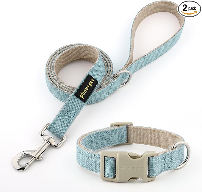 Plutus Pet Cotton Hemp Dog Collar and Leash Set, Adjustable Collar for Small, Medium, and Large Dogs, Heavy Duty and Soft on Skin, Light Blue, S