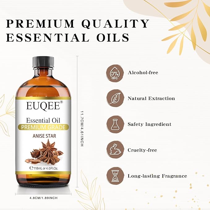 EUQEE Anise Star Essential Oil 4oz / 118ML Large Capacity Anise Star Essential Oil Pure & Premium Essential Oil with Glass Dropper for Candle Soap Making, Diffusers