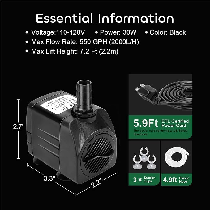 GROWNEER 550GPH Submersible Pump 30W Ultra Quiet Fountain Water Pump, 2000L/H, with 7.2ft High Lift, 3 Nozzles, 4.9 Feet Tubing for Aquarium, Fish Tank, Pond, Hydroponics, Statuary