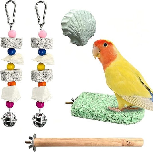 Chewing Birds Toy, 5 Pcs Natural Parrot Cuttlebone Set – Includes Cuttlebone, Lava Block, Grinding Stone & Wooden Perch for Beak Trimming & Calcium – for Small and Medium Parakeets, Cockatiels