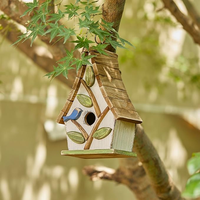Glitzhome Bluebird House for Outside, 9.5" H Distressed Hanging Birdhouse Solid Wood Bird Houses for Outdoor, Decorative Birdhouse with Natural Wood Pallet Roof and 3D Tree for Garden,Washed White