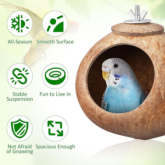 Balacoo Coconut Bird Nest for Cage: Natural Coconut Shell Parakeet Nesting Box, Parakeet Breeding Hut - Bird Cage Accessories for Budgies Cockatiel Conure Lovebirds