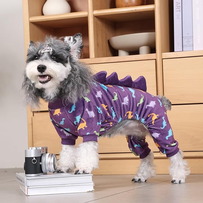 CuteBone Dinosaur Costume Dog Pajamas, Stretchy Spandex Crystal Velvet Sleepwear Coat for Small Dogs, Soft & Warm Pet Outfit Clothes for Cold Weather, Cozy Pullover Design COSP04M