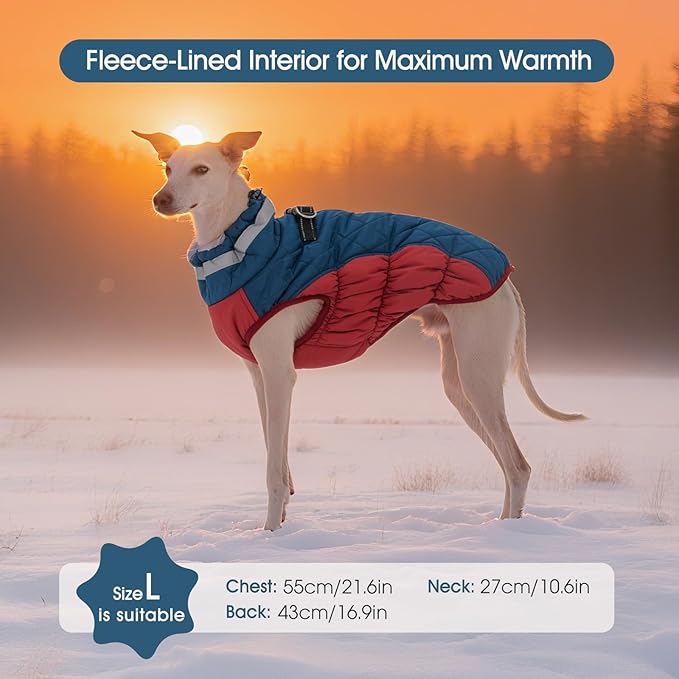 FUAMEY Dog Coat for Large Dogs,Waterproof Dog Winter Jacket with Harness Built in Puppy Cold Weather Coats Reflective Pet Vest with Zipper Warm Fleece Dogs Snowsuit Windproof Dark Blue L
