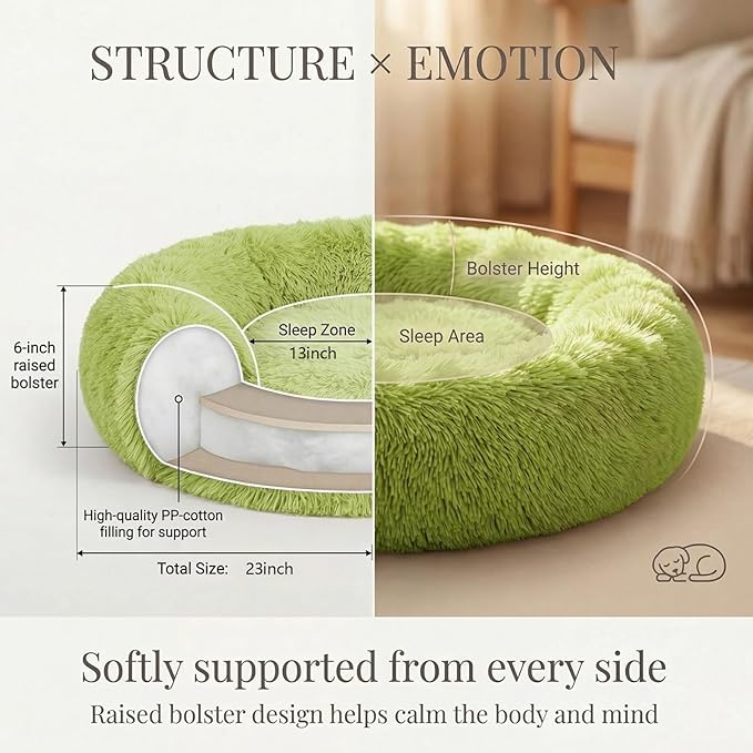 Calming Donut Dogs Beds for Small Dogs Washable,23inch Plush Round Pet Bed for Cozy Sleep,Fluffy Faux Fur Large Cat Bed,Fits up to 25 lbs Pets,Green