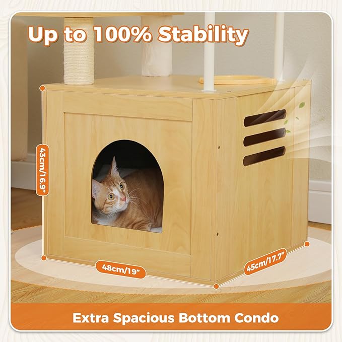 PAWZ Road Large Cat Tree with Food Station, 74.8 Inches Wooden Tall Cat Tower with Extra Large Condos and Hammocks,Spacious Perch,Sisal and Steel Posts, Scratching Mat for Indoor Adult Cats-Beige