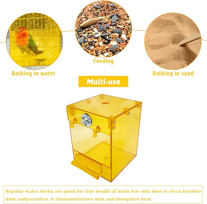PINVNBY Yellow Acrylic Parrot Bath Box,Bird No-Leakage Bathtub for Cage Hanging Tube Shower Box Cage Accessory with Water Injector and Balls Toys for Small Pet Birds Canary Budgies Lovebirds(6 Pcs)