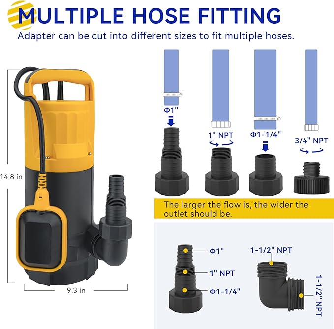 Acquaer 1HP Sump Pump 4948GPH Submersible Drain Pump with Automatic Float Switch, Remove Clean/Dirty Water for Basement, Hot Tub, Pools, Garden Pond
