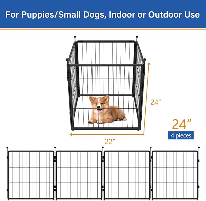 Dog Playpen Add-on 24 inch 4 Panels for Indoor & Outdoor Use – Heavy-Duty Metal Pet Fence with Ground Stakes, Rounded Ball Tops for Safety, Stable & Foldable Design, Easy to Assemble