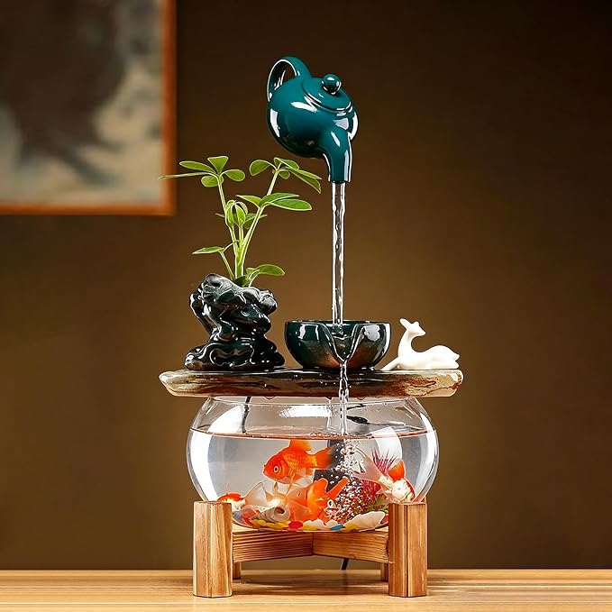 Tabletop Indoor Waterfall Fountain, Zen Water Fountain Indoor Small Fish Tank with Waterfall, Relaxing Feng Shui Tabletop Fountain for Home Office with Extra Spare Water Pump