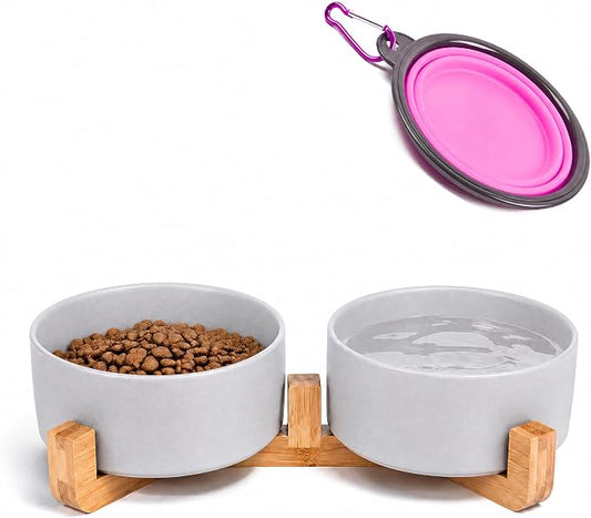 Petygooing Dog Bowls,Grey Ceramic Cat Dog Bowl Set with Wood Stand for Food and Water,Non-Slip Cute Modern Pet Dish Set for Cats and Medium Dogs (28OZ/6.1 in)