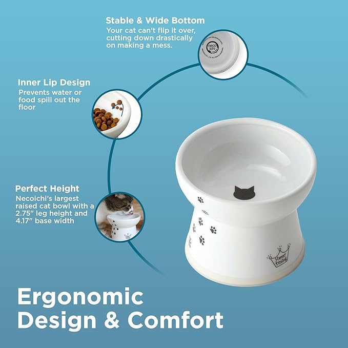 Necoichi Raised Cat Food Bowl – Ceramic Elevated Cat Bowl for Whisker & Neck Fatigue, Dishwasher Microwave Safe – Non-Slip & Anti Vomiting Ergonomic Design (Cats, Large)