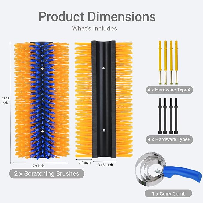 2 Pack Livestock Scratching Brush, Large Horse Grooming Brush Kit With Stainless Steel Curry Comb for Full Massage, Heavy Duty Animal Scratcher for Goat, Cow, Donkey, Horses, Barn or Pasture