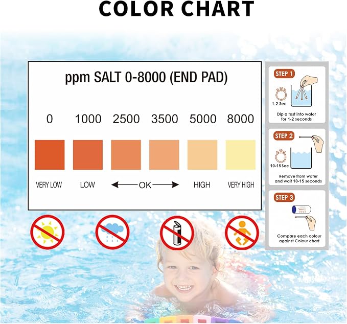 SuperCheck Salt Test Strips for Testing Sodium Chloride Content in Pool and Spa, 0-8000 ppm, Saltwater Pool Test Strips, Measure Salt Level in Saltwater Chlorine Generator Pool System, Salt Test Kits