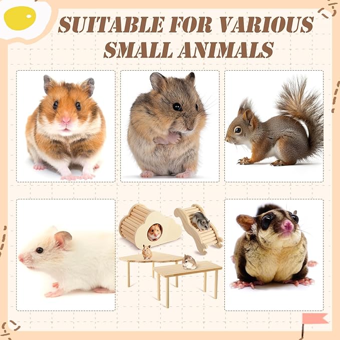 BreezeHug 4 Pcs Hamster Platform Hideout Wooden Tunnel Ladder Playhouse Hamster Game Climbing Toy with Platform Cage Accessories for Pets Dwarf Syrian Mice Degus Gerbils Squirrel(Cloud)