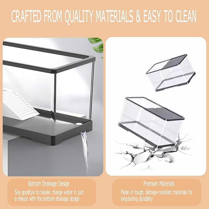 Turtle Tank Starter Kit, Upgraded Aquarium Fish Tank Kit with Filter,Fish Net, Reptile Habitat with Adjustable UV Lamp & Lid,Bask Platform for Crabs,Amphibians,Reptiles.(12"x7.7"x7.2")