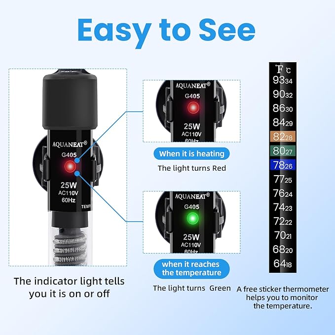AQUANEAT Aquarium Heater, 25W Small Betta Fish Tank Heater, Mini Preset Water Thermostat with a Thermometer (Pack of 2)