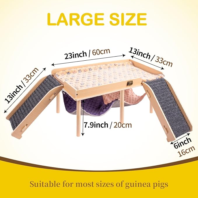 BESNEW Enlarged Guinea Pig Hammock with Platform and Stairs,Wooden Foldable Piggies Hideout for Guinea Pigs Bunny Ferret Hamster Hiding Sleeping Activities 24L x 12W x 11H in（Double）
