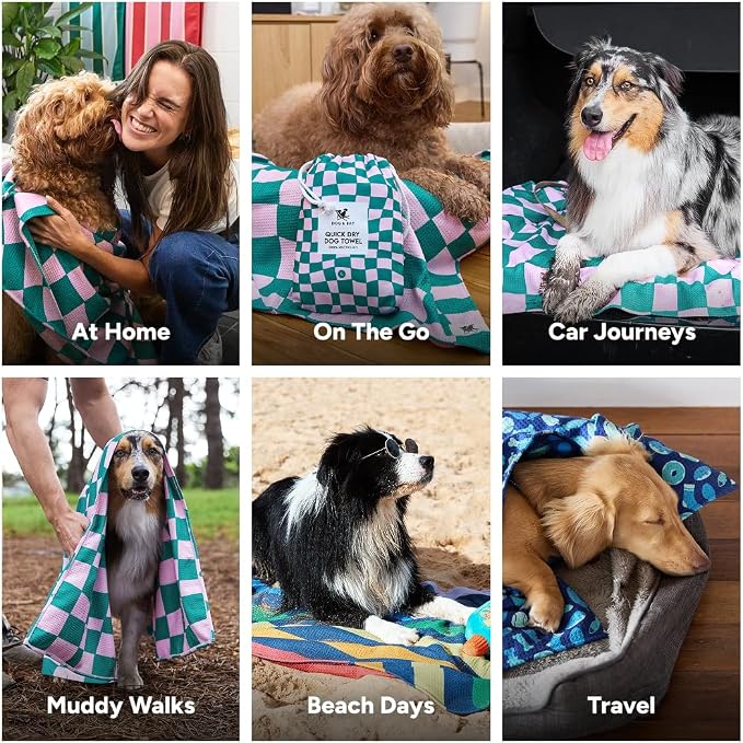 Dock & Bay Pet Towel - Super Absorbent & Quick Drying Dog Towels with Bag - 100% Recycled - Check Mutt, Large (120x70cm, 47x27)