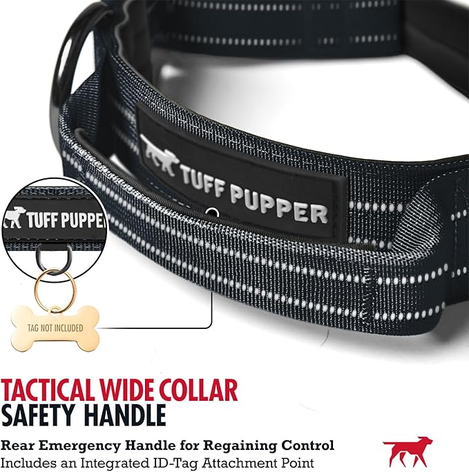 Tuff Pupper Tactical Dog Collar | Heavy Duty 1.5" Wide Ballistic Nylon | Training Control Handle | Quick-Release Metal Buckle | Reflective Bands | ID Tag Holder | Padded Inner Lining (Black, Medium)