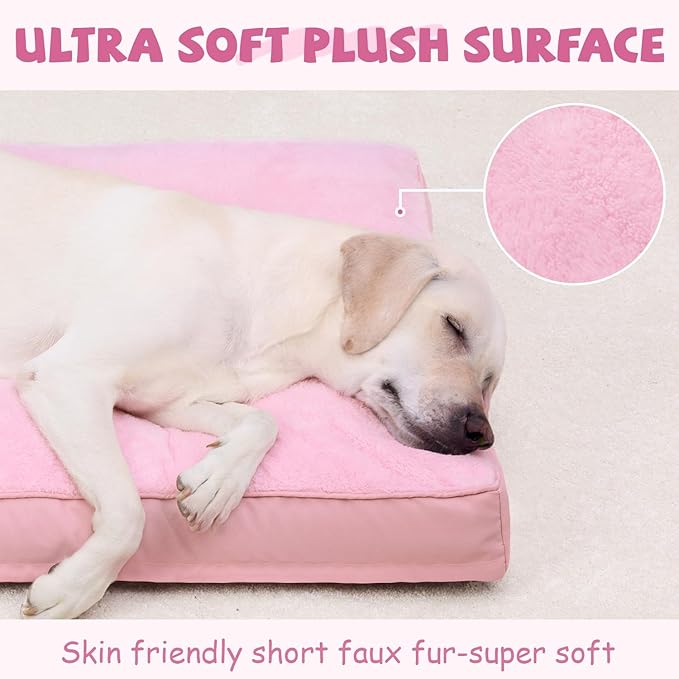 Dog Crate Bed Waterproof Deluxe Plush Dog Beds with Removable Washable Cover Anti-Slip Bottom Pet Sleeping Mattress for Large, Medium, Jumbo, Small Dogs, 35 x 22 inch, Pink