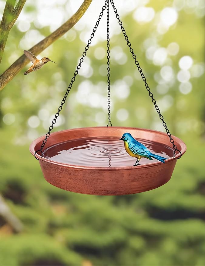 Hanging Bird Bath for Outside, 11.5” Antique Copper Metal Birdbath Bowl & Feeder with Black Chain for Outdoor Garden Yard Decor (0.7 Gallon)