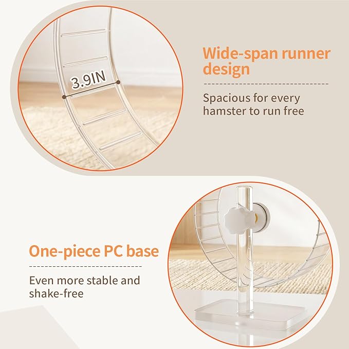 11 Inch Silent Hamster Wheel - Large Clear Running Wheel with Adjustable Stand - Quiet Spinning Exercise Wheel for Syrian Hamsters, Gerbils, Hedgehogs and Small Animals, Transparent