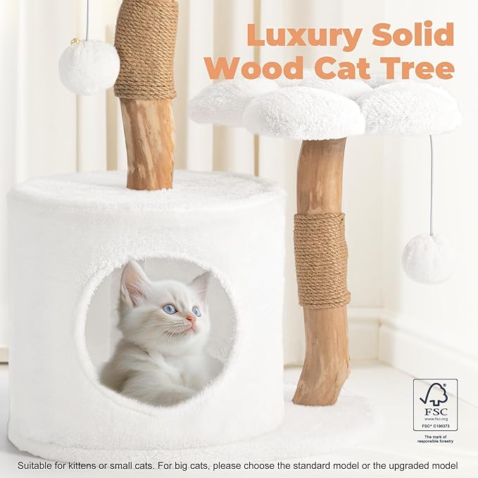 Easyego Modern Cat Tree, 26.3" Aesthetic Wood Cat Tree Tower, Luxury Cat Condo with Scratching Posts and Flower Platforms, Cat Furniture, Pure White