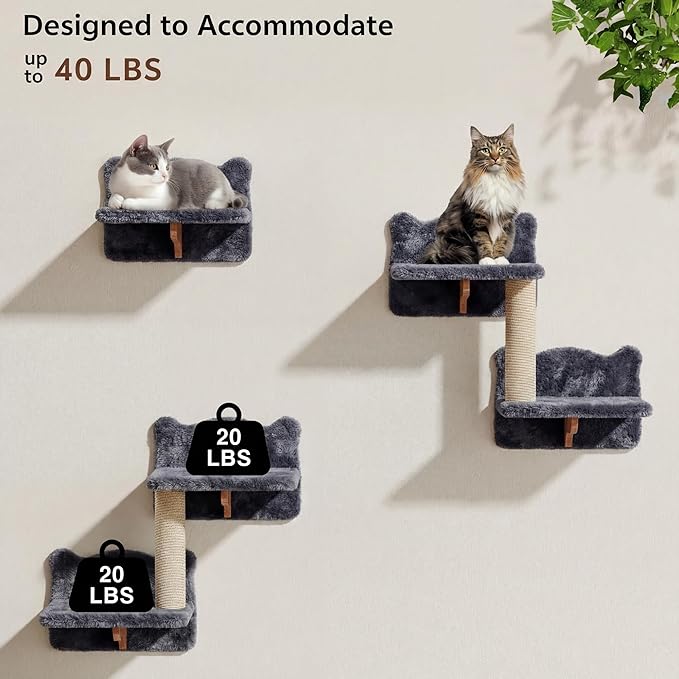 Cat Wall Shelves, Wall Mounted Cat Shelf Furniture with Plush Fabric(13 Piece Set), Cats Furniture with Moon Hammock, Condos, House, Steps, Bridge Ladder, Scratching Post, Grey