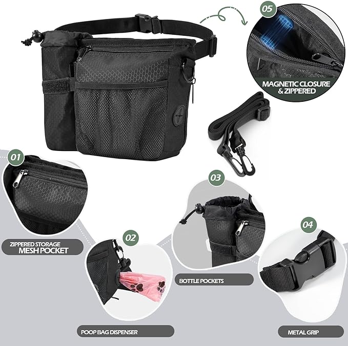 Dog Treat Training Pouch with Magnetic Zipper Closure - Built-in Poop Bag Dispenser, Side Pocket for Dog Water Bottle, 3 Ways to Wear,Carry Kibble & Pet Toys (Black)