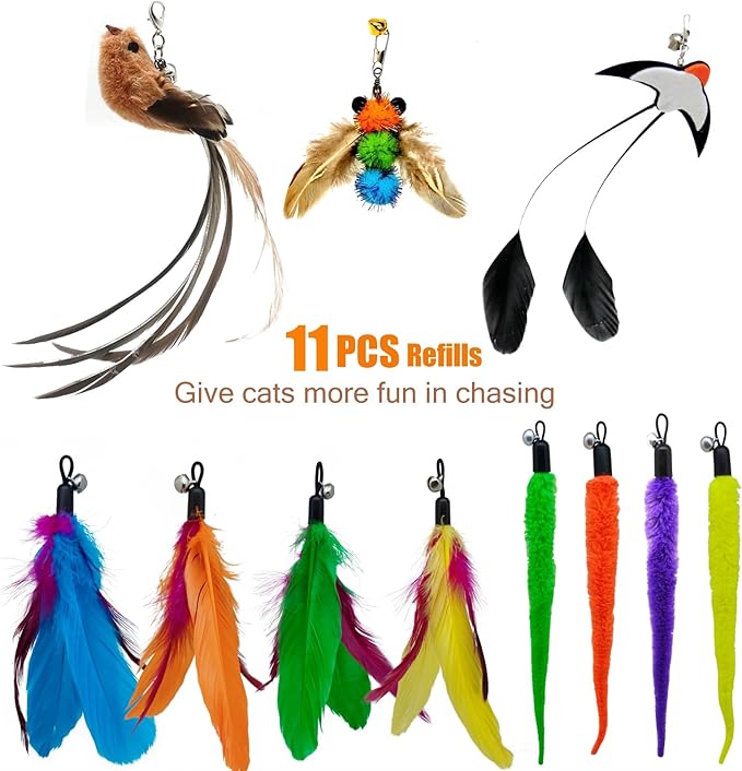 miwoowim Interactive Cat Wand Toy Set – 2 Retractable Wands (37" & 49") with 11 Refills Attachments – Feather Toys, Plush Bird, Worms, Insect & Swallow – Cat Teaser Toys for Indoor Cats & Kittens