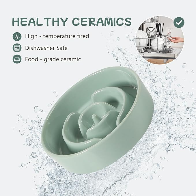 Havniva Ceramic 0.9 Cup Raised Dog Slow Feeder Set, Elevated Bowl with Wooden Stand for Small Dog and Cat, 6.1inch Puzzle Slow Dog Food Dish, Anti-Gulping(Light Green, Single Bowl+ Stand)