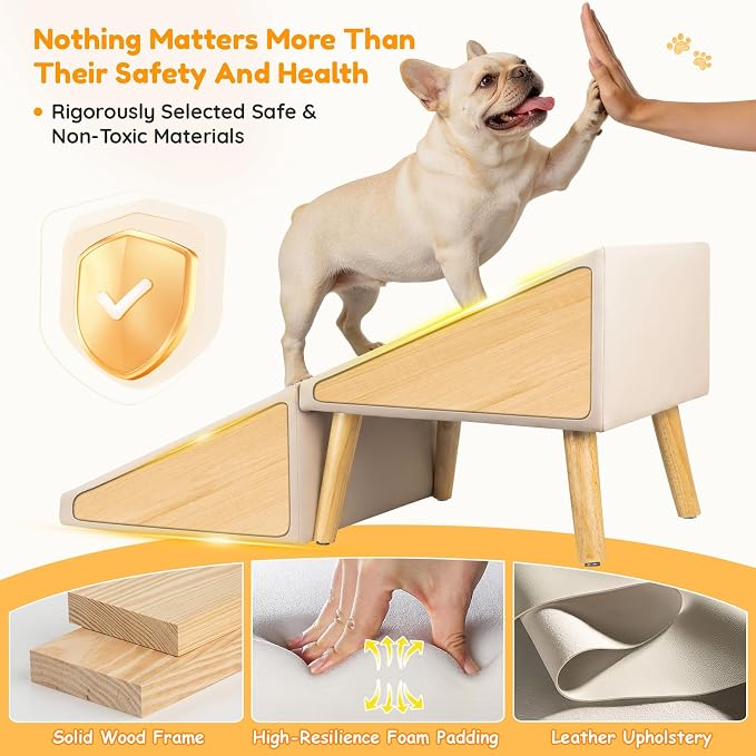 17" H Dog Stairs for Small Dogs – 4-Step Non-Slip Dog Ramp for Couch, Foldable 2-in-1 Pet Stairs & Ottoman, Upgraded Pet Steps for Puppies, Senior Dogs & Injured Pets, Solid Wood Frame (Beige)