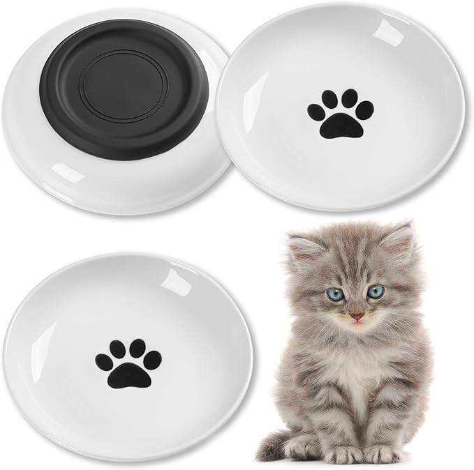 Cat Food Bowls, Whisker Friendly Ceramic Cats Bowls with Nonslip Silicone Bottom, Pack of 3 Quiet Dishes and Plates for Feeding Indoor Cats, Kittens and Small Dogs(Cat Paw,Shallower)