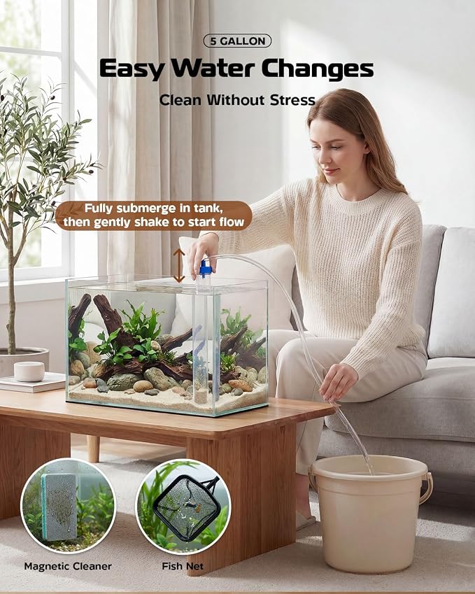 Glass Fish Tank Kit, 5 Gallon Betta Fish Tank Aquarium Starter Kit | Complete Aquarium Kit with Filter, Adjustable LED Light, Heater, Lid, Net, Water Changer for Betta, Goldfish or Shrimp, Clear