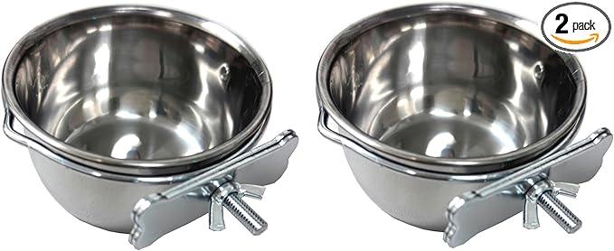 Lot of 2 Bird Parrot Cage Stainless Steel Seed Water Feeder Replacement 4-Inch Wide 2-Inch Deep Cups with Adjustable Cage Holders
