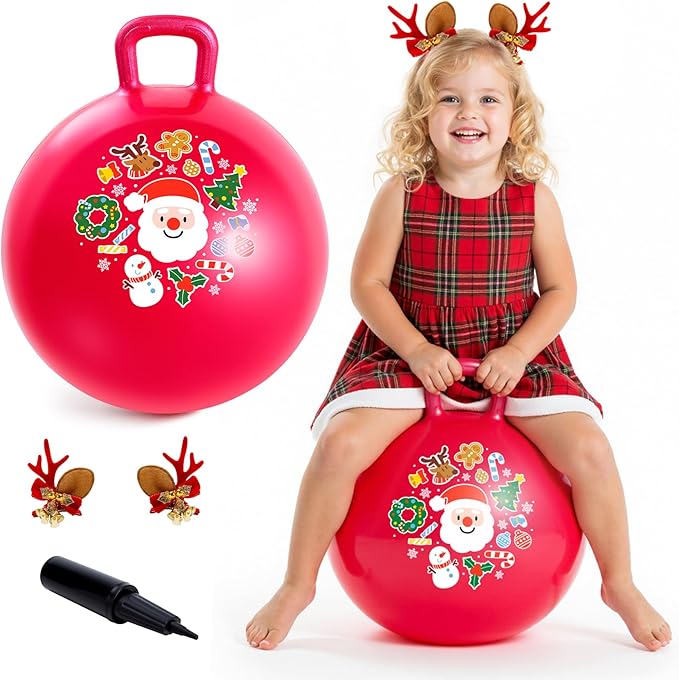 Hopper Ball for Kids 18In Sit On Bouncy Balls with Handle for Indoor Outdoor Active Play, Red Christmas Inflatable Boys Girls Gifts for 4 5 6 7 8 Years Old with Christmas Reindeer Ears