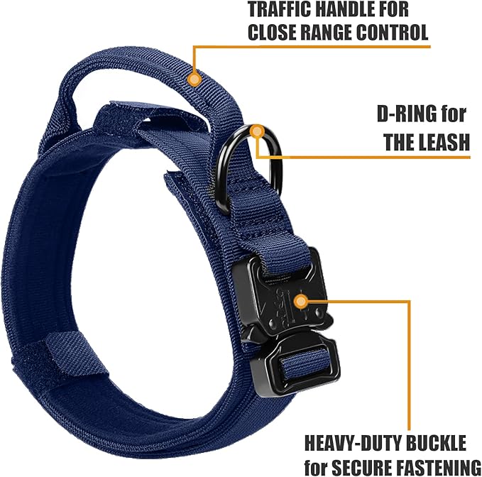 Tactical Dog Collar and Bungee Leash,Military Dog Collar & Leash Set with USA American Flag Adjustable K9 Collar with Heavy Duty Metal Buckle & Handle,with Patches and Airtags Case (Blue, XL)