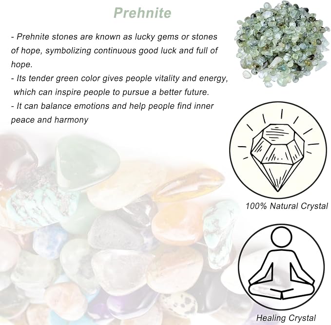Erliway 100g Natural Prehnite Crystal Chips 7-9mm Tumbled Stones | Small Crushed Crystal Stone, Polished Crystals Chips for Fish Tank, Healing Tumbled Rocks for Reiki Jewelry Making Home Décor