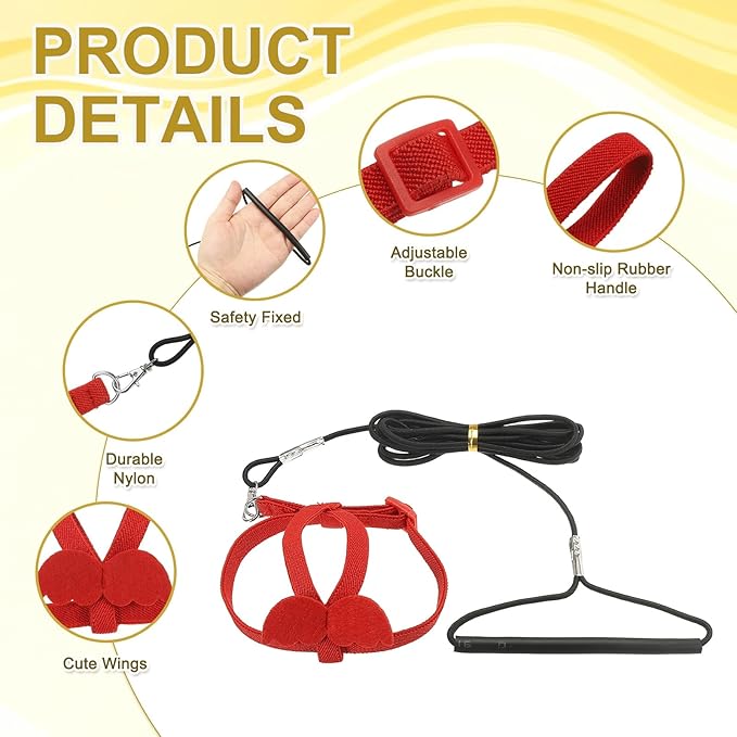 Bird Harness Leash, Adjustable Pet Parrot Bird Harness and Leash Lightweight Anti-Bite Flight Training Rope with Cute Wing, (Red, M), Intended for Parrots/Pigeons/Budgies