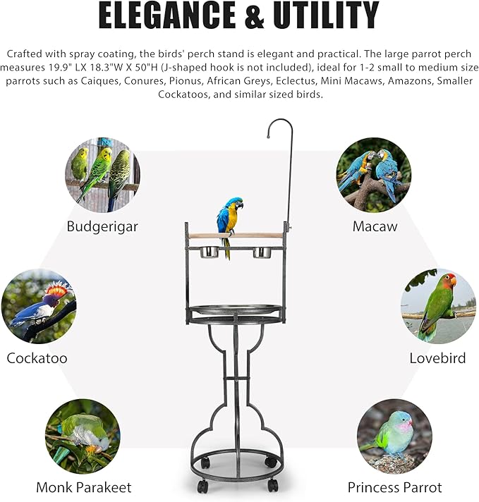 72" Parrot Stand Large Bird Playstand, Wood Perch with Easy Grip Pet Products,Stainless Steel Tray Bowls Toy Hook Rolling Wheel, Wrought Iron Bird Play Ground Rolling Stand