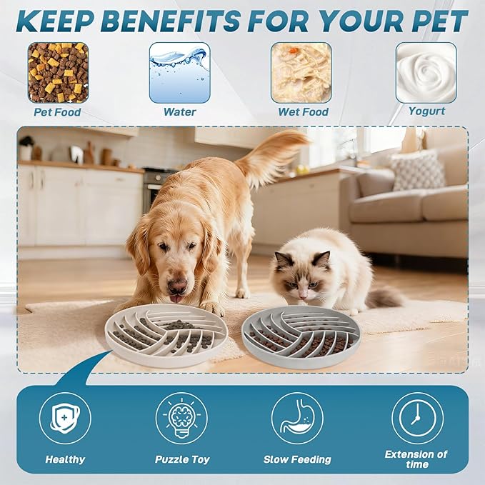 Silicone Slow Feeder Bowls for Dogs and Cats - Wet Food, Suction Cups, Interactive, Reduces Boredom, Anxiety, Anti-Choking, Non-Slip Design (Gray & Beige)