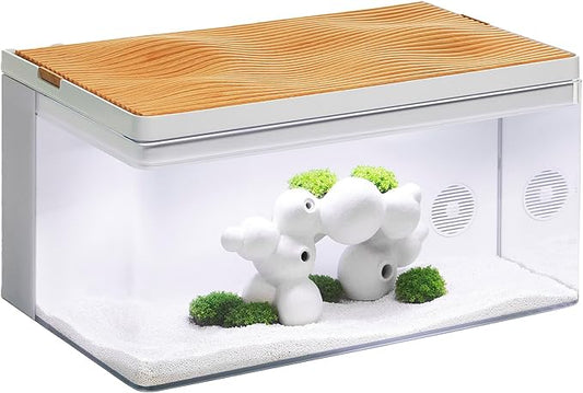 Harmony Deluxe 8 Gallon All-in-One Aquarium Kit, Award-Winning Fish Tank with Lid, Integrated Filtration, LED Light, Low-Iron Glass, White Tank with Cedar Grain Top
