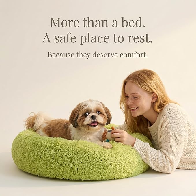 Calming Donut Dogs Beds for Small Dogs Washable,23inch Plush Round Pet Bed for Cozy Sleep,Fluffy Faux Fur Large Cat Bed,Fits up to 25 lbs Pets,Green