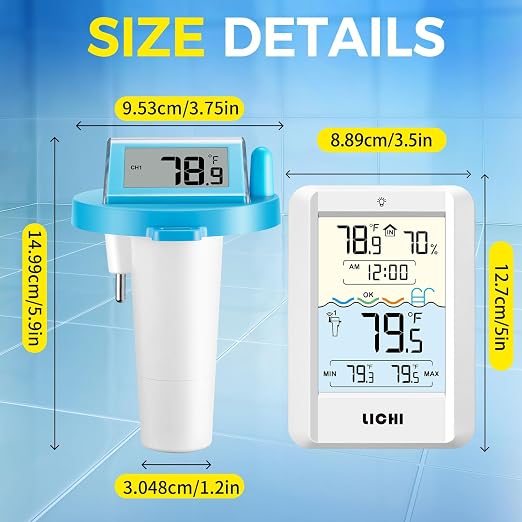 Solar Wireless Floating Pool Thermometer - Upgraded IPX8 Waterproof Easy Read Digital Thermometer with Time, Indoor Temperature & Humidity Monitor for Swimming Pools, Spas, Hot Tubs (Blue 2-piece set)