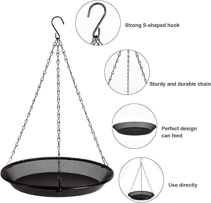 HRAYLTOP Hanging Bird Feeder Bowl with 16.3 inch Iron Hanging Chain Detachable Outdoor Decor for Garden Backyard Patio and Deck - Perfect for Attracting Birds